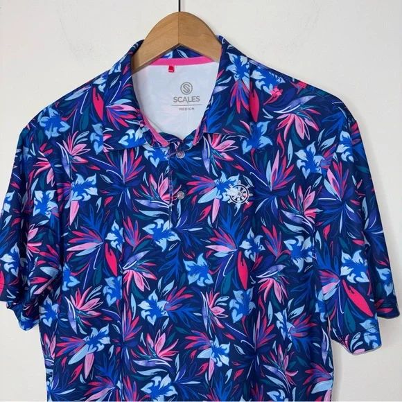 Scales Polo Shirt Mens M Blue Pink Floral Performance Stretch Golf Activewear - Picture 7 of 12